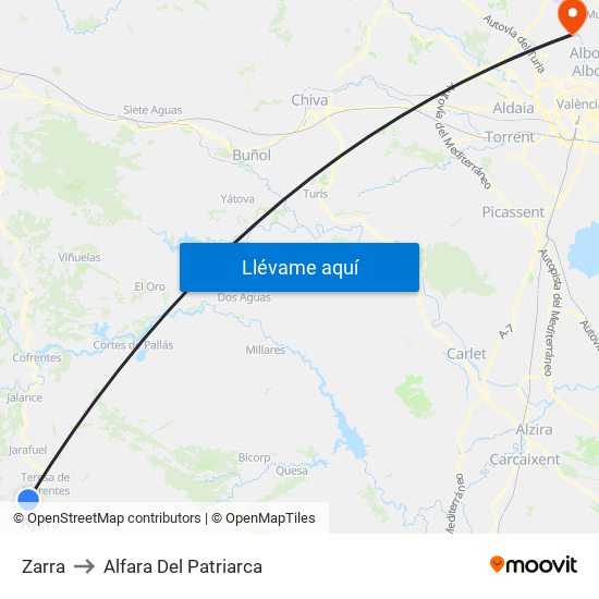 Zarra to Alfara Del Patriarca map