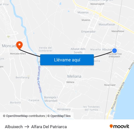 Albuixech to Alfara Del Patriarca map