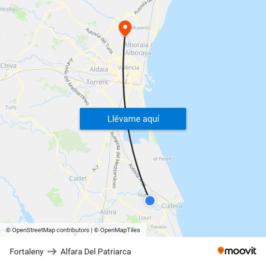 Fortaleny to Alfara Del Patriarca map
