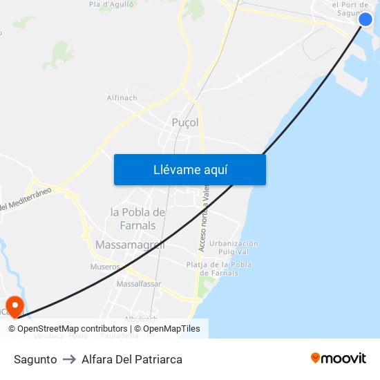 Sagunto to Alfara Del Patriarca map