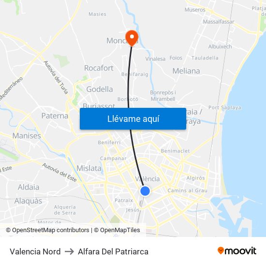 Valencia Nord to Alfara Del Patriarca map