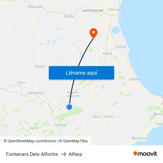 Fontanars Dels Alforins to Alfarp map