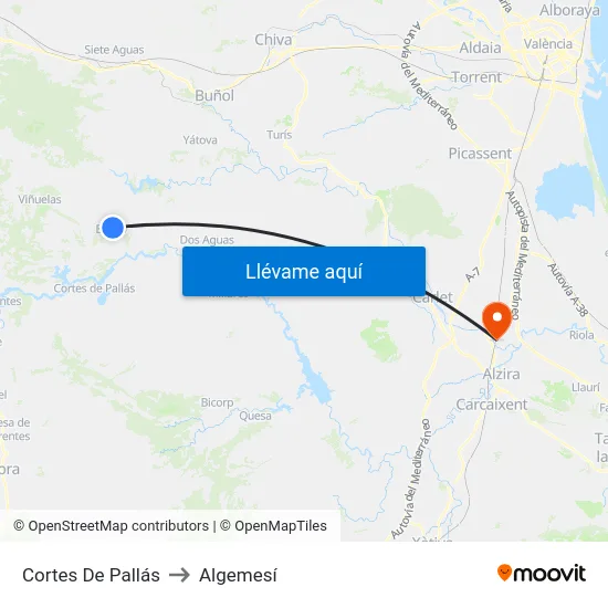 Cortes De Pallás to Algemesí map