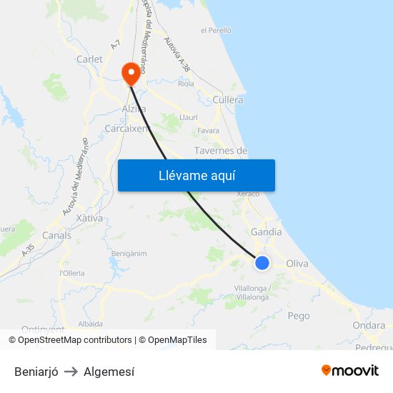 Beniarjó to Algemesí map
