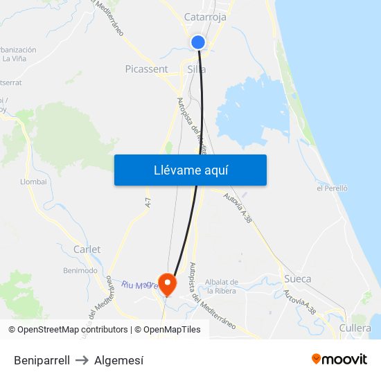 Beniparrell to Algemesí map