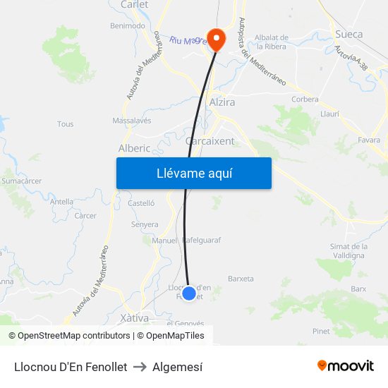 Llocnou D'En Fenollet to Algemesí map