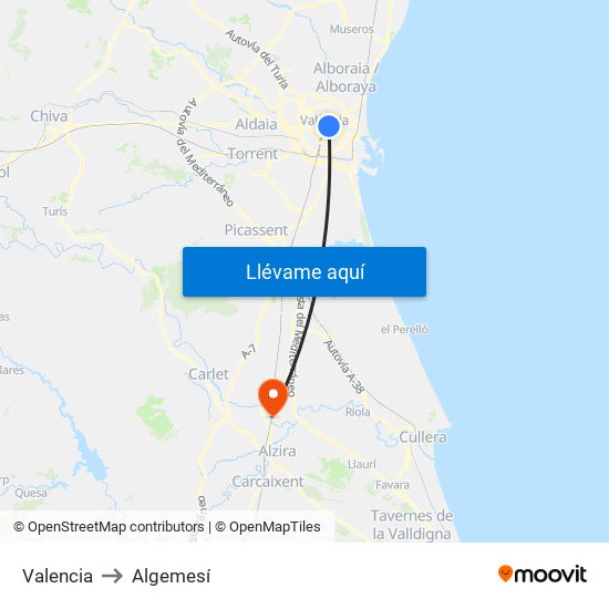 Valencia to Algemesí map