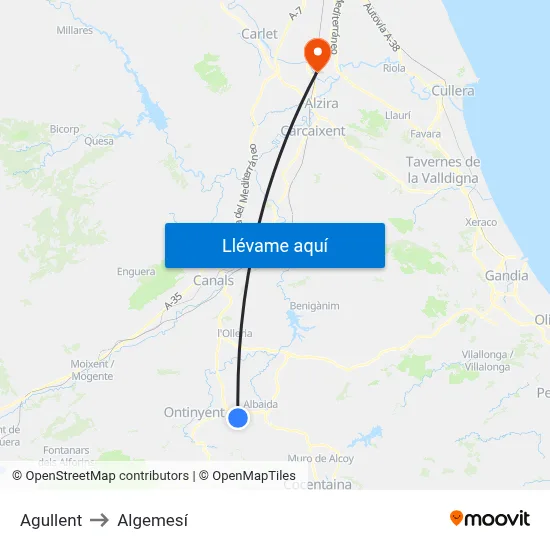 Agullent to Algemesí map