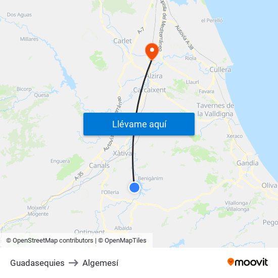 Guadasequies to Algemesí map