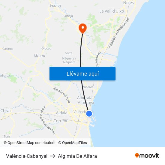 València-Cabanyal to Algimia De Alfara map