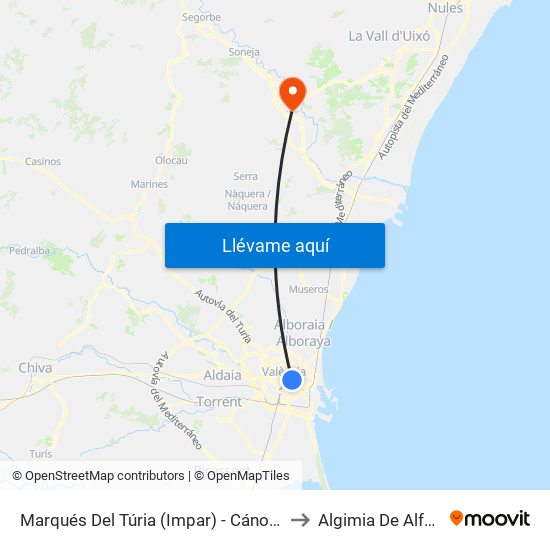 Marqués Del Túria (Impar) - Cánovas to Algimia De Alfara map