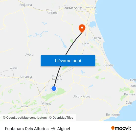 Fontanars Dels Alforins to Alginet map