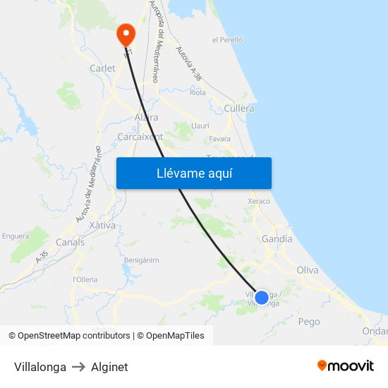 Villalonga to Alginet map