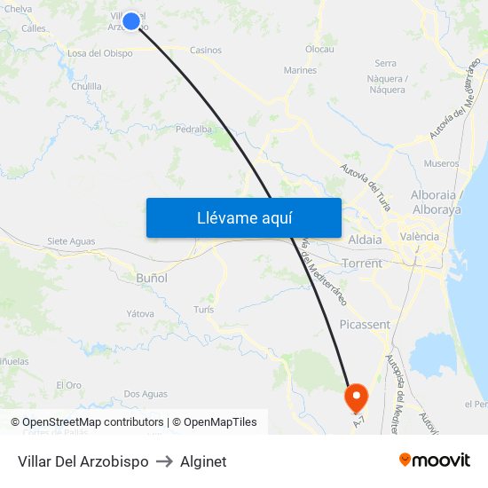 Villar Del Arzobispo to Alginet map