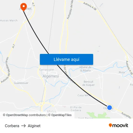 Corbera to Alginet map