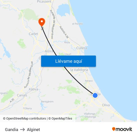 Gandia to Alginet map
