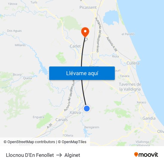 Llocnou D'En Fenollet to Alginet map