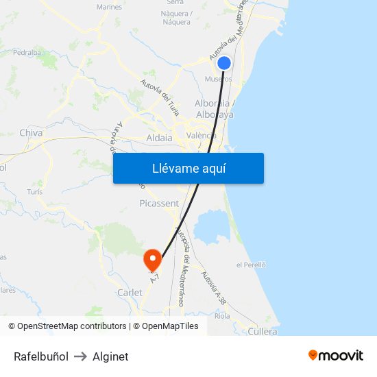 Rafelbuñol to Alginet map