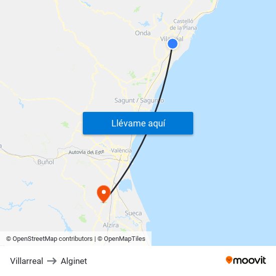 Villarreal to Alginet map