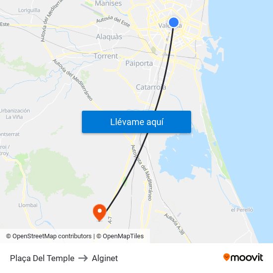 Plaça Del Temple to Alginet map