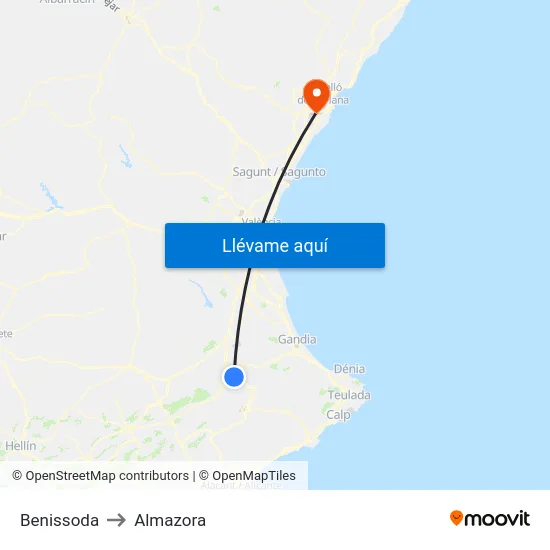 Benissoda to Almazora map