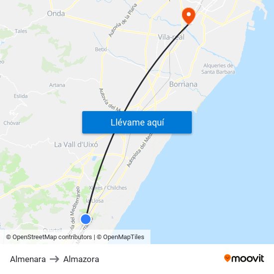 Almenara to Almazora map