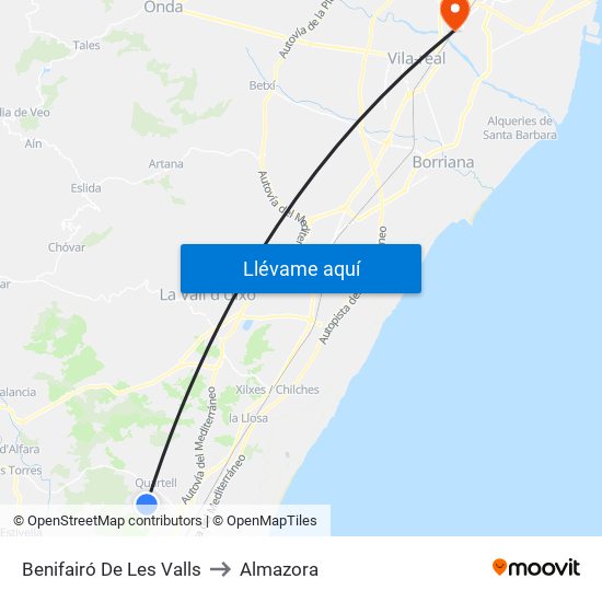 Benifairó De Les Valls to Almazora map