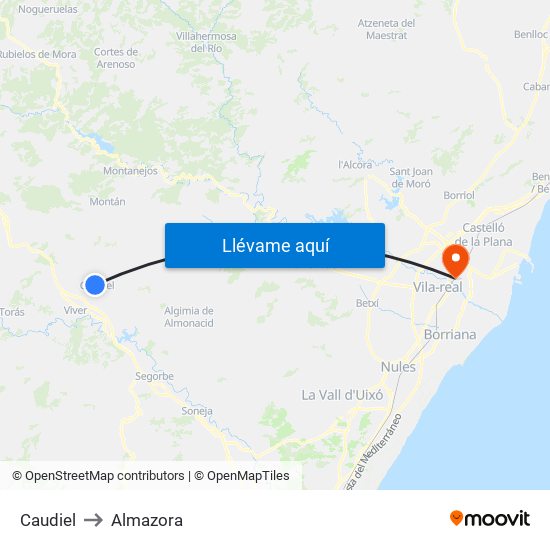 Caudiel to Almazora map