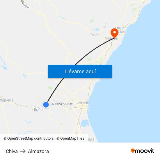 Chiva to Almazora map