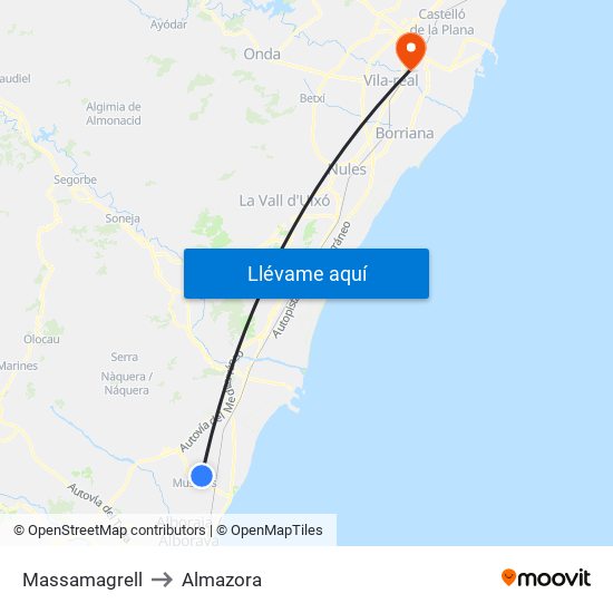 Massamagrell to Almazora map