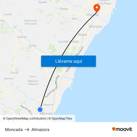 Moncada to Almazora map
