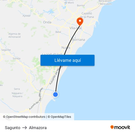 Sagunto to Almazora map
