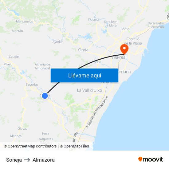 Soneja to Almazora map