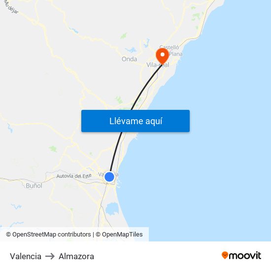 Valencia to Almazora map