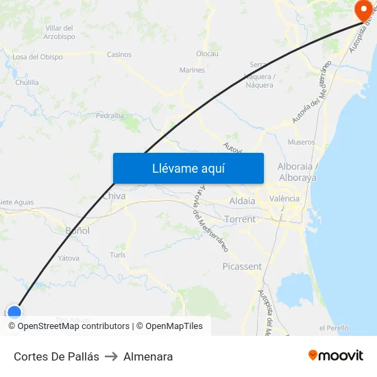 Cortes De Pallás to Almenara map