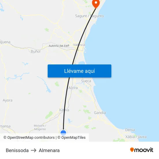 Benissoda to Almenara map