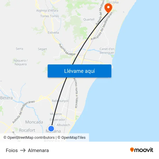 Foios to Almenara map