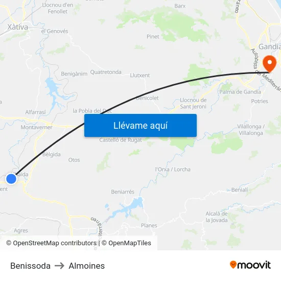 Benissoda to Almoines map