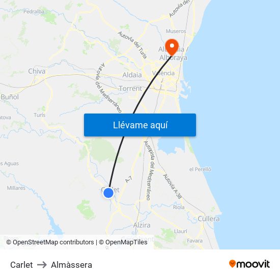 Carlet to Almàssera map