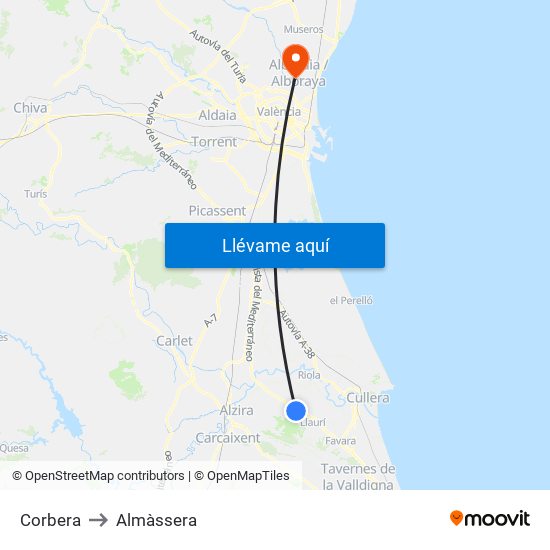 Corbera to Almàssera map
