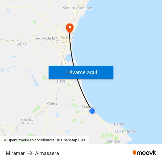 Miramar to Almàssera map