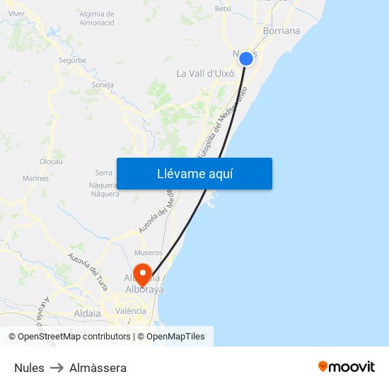 Nules to Almàssera map
