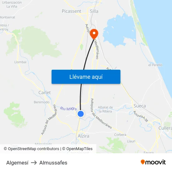 Algemesí to Almussafes map