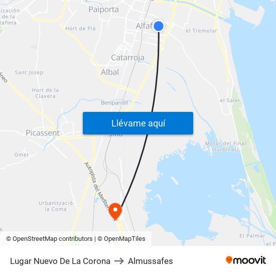 Lugar Nuevo De La Corona to Almussafes map