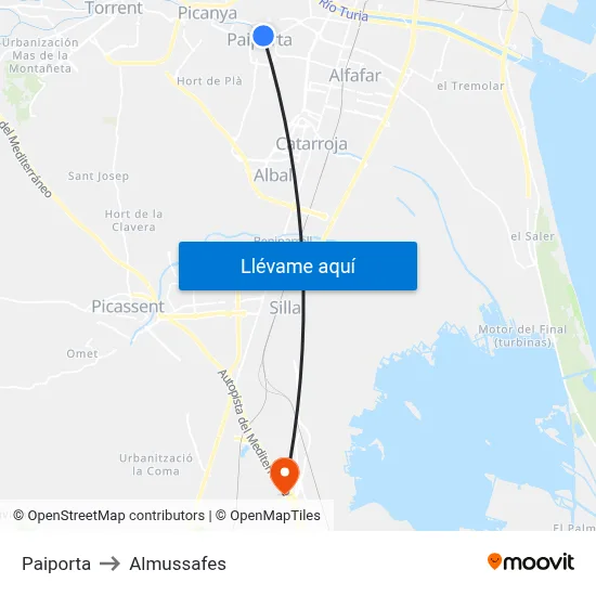 Paiporta to Almussafes map