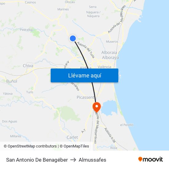 San Antonio De Benagéber to Almussafes map
