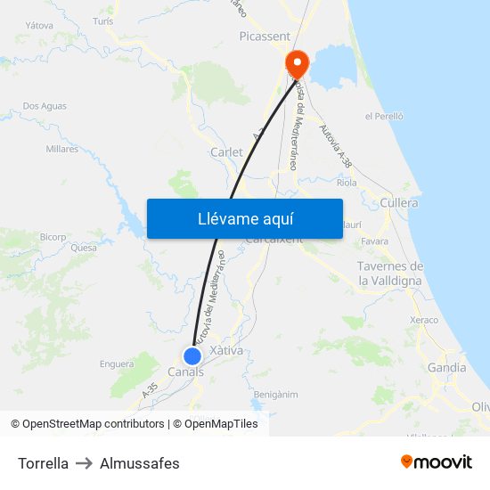 Torrella to Almussafes map