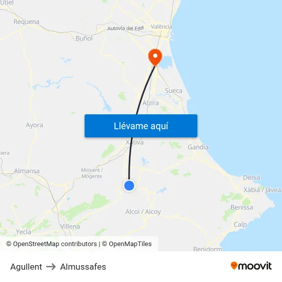 Agullent to Almussafes map