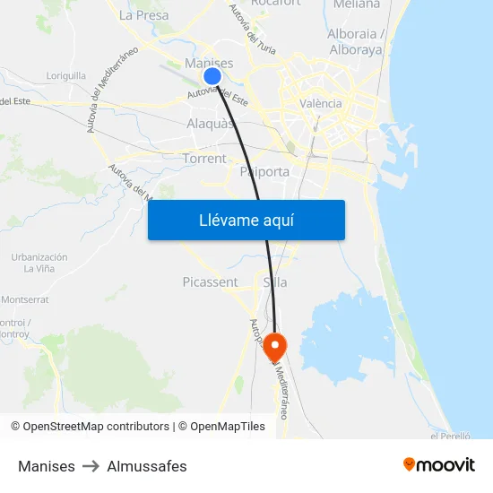 Manises to Almussafes map