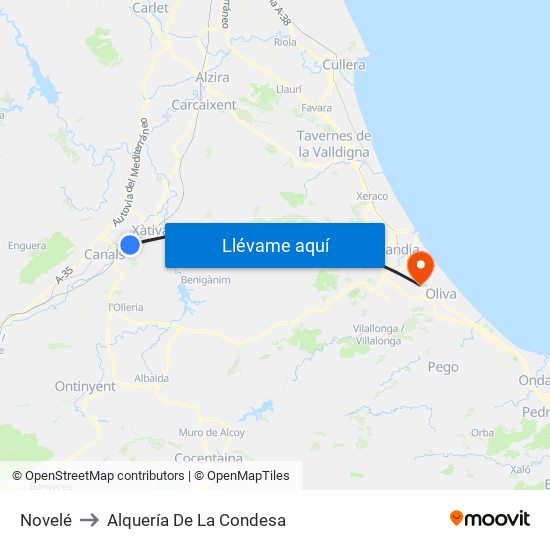 Novelé to Alquería De La Condesa map